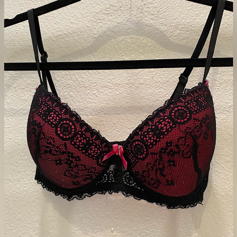 French Affair padded push up bra with pink and black lace